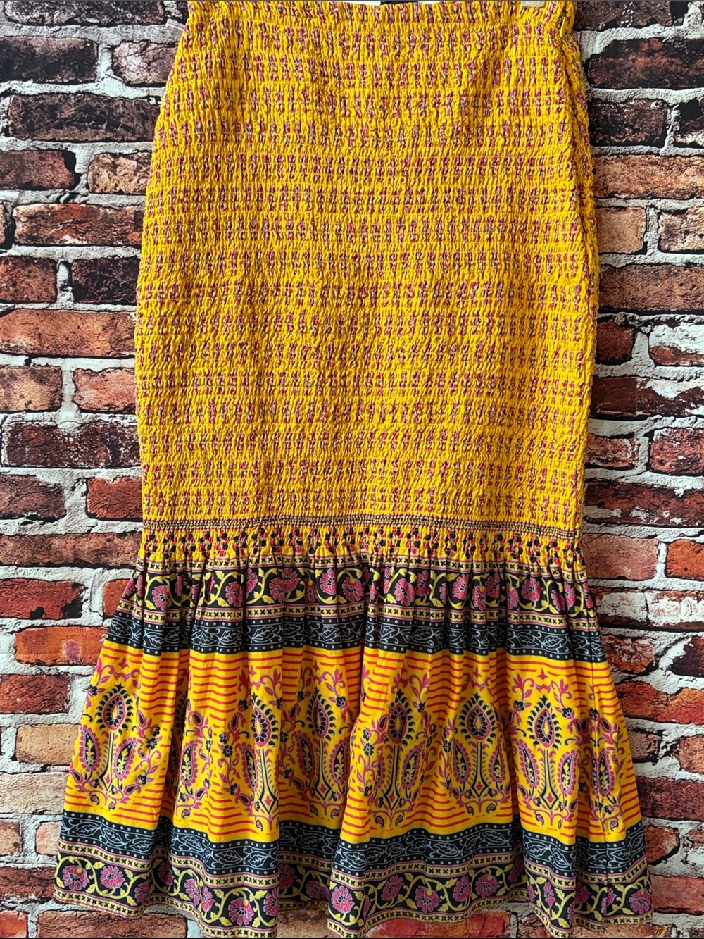 J. Crew Re-Imagined Yellow Printed Smocked Mermaid/Trumpet Style Skirt 6 M